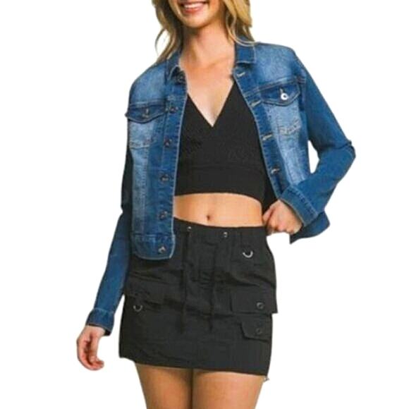 Cropped Blue Denim Jacket Rose Gold Buttons S - Picture 5 of 8